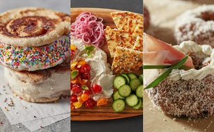 Three recipe images beside each other. Cinnamon Roll Ice Cream Sandwiches, Whipped Feta Mediterranean Board with Biscuit Naan, and Prosciutto Gruyere Biscuit Donuts.